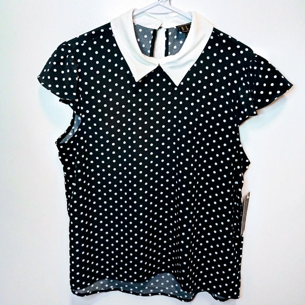 NWT OLM Polka Dot Blouse L Peter Pan Collar Flutter Sleeve Keyhole Black White